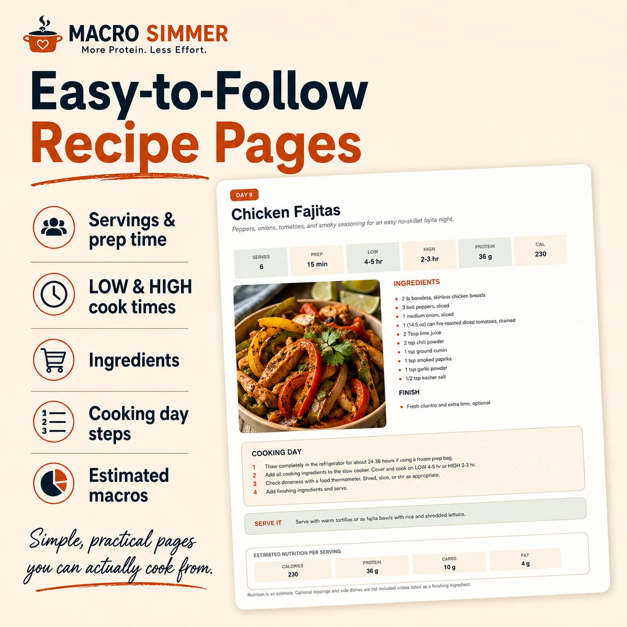Macro Simmer recipe page preview for chicken fajitas with servings, cook times, ingredients, and macros.