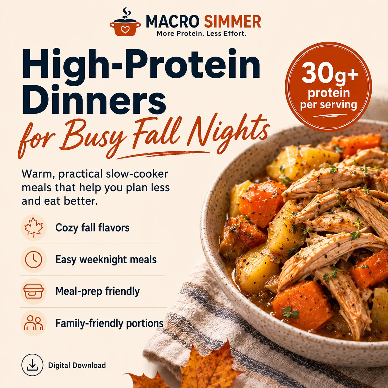 High-protein dinners for busy fall nights meal plan cover with hearty shredded chicken stew.