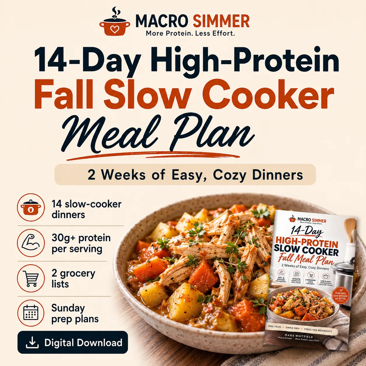 14-Day High-Protein Fall Slow Cooker Meal Plan cover with hearty stew and digital download mockup