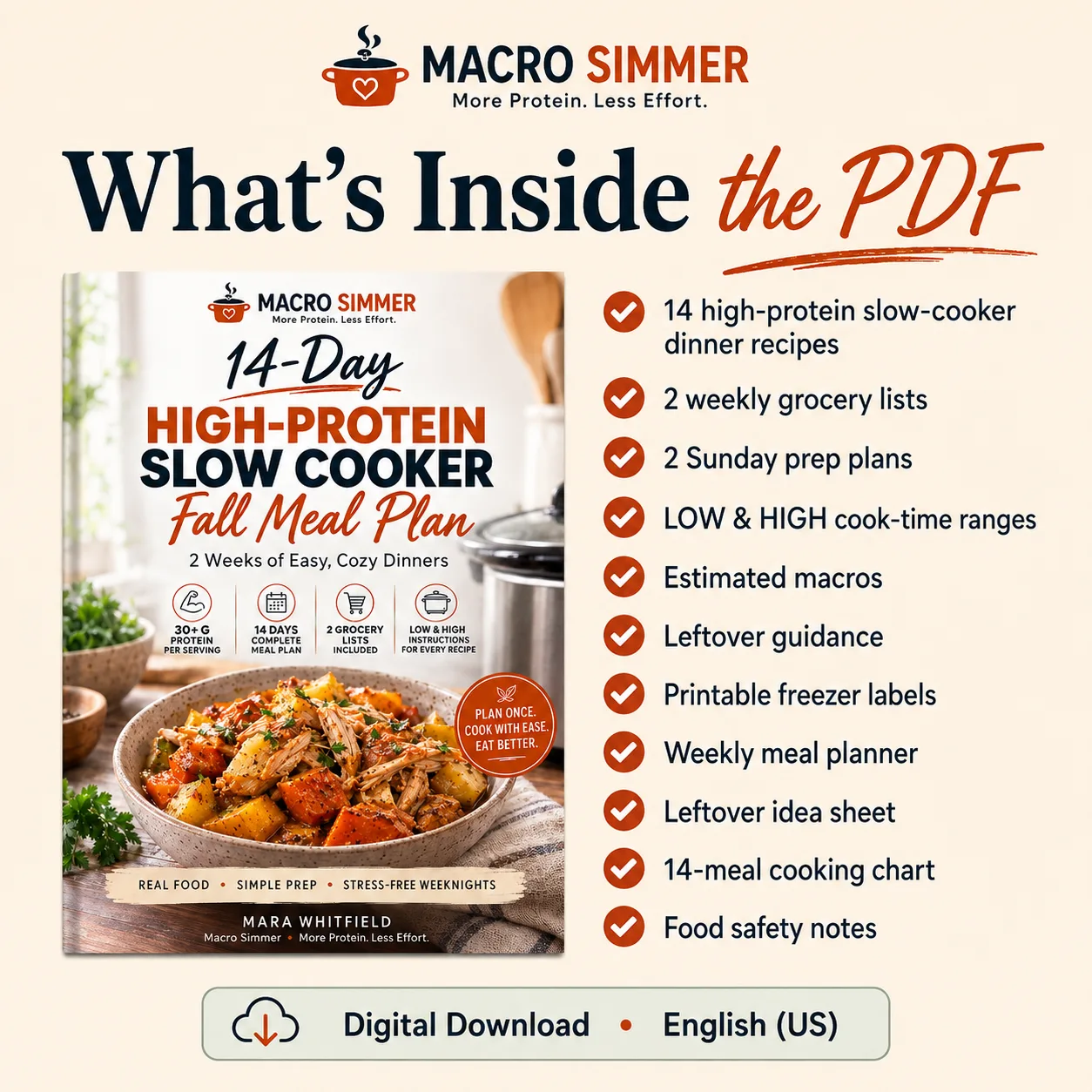 Graphic showing a 14-Day High-Protein Slow Cooker Fall Meal Plan PDF cover and included features list.