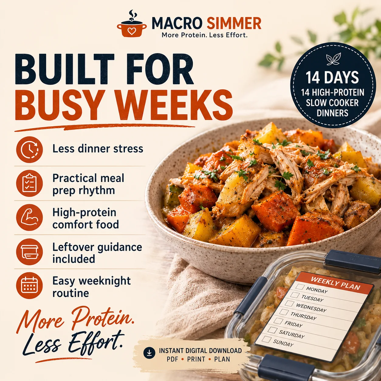 Slow cooker chicken and vegetables beside high-protein meal plan promotional text