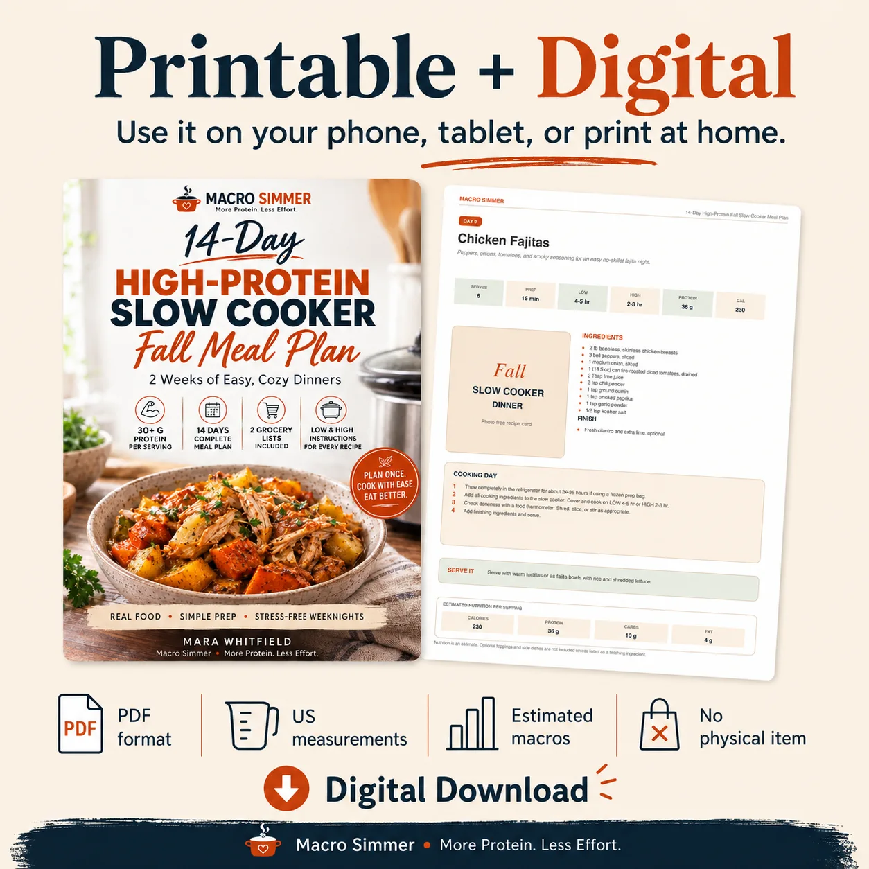 Printable and digital 14-Day High-Protein Slow Cooker Fall Meal Plan with cookbook cover, recipe sheet, and download icons.