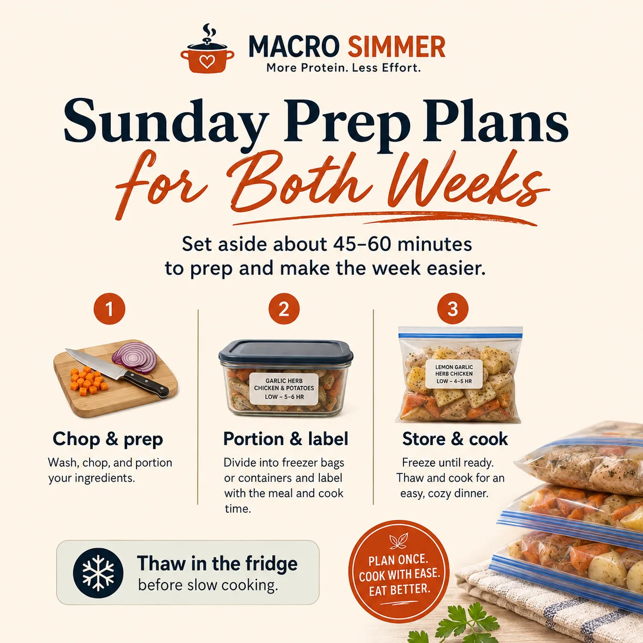 Sunday prep plans infographic with three slow cooker meal preparation steps