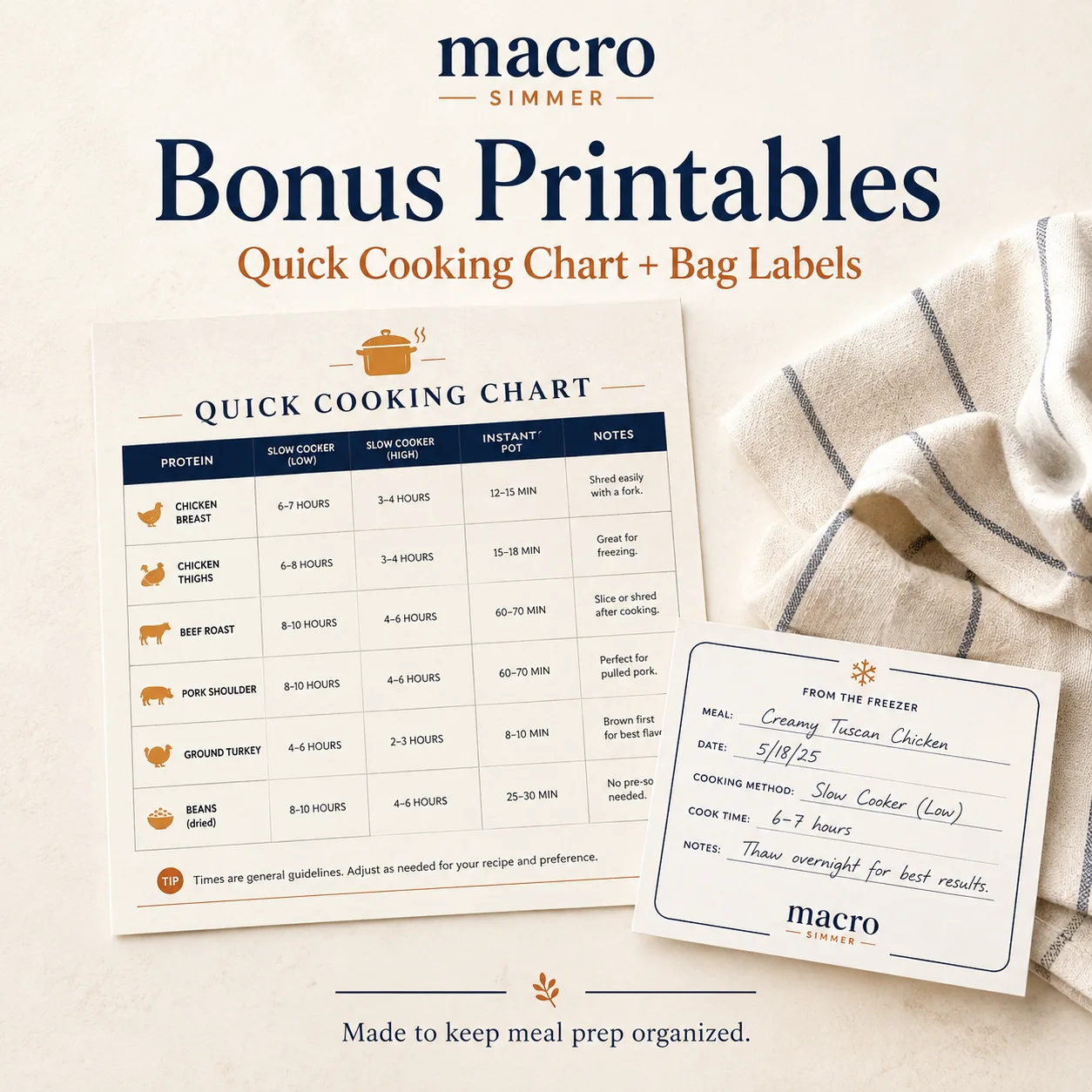 Bonus printables cover showing quick cooking chart, freezer bag label, and striped towel.