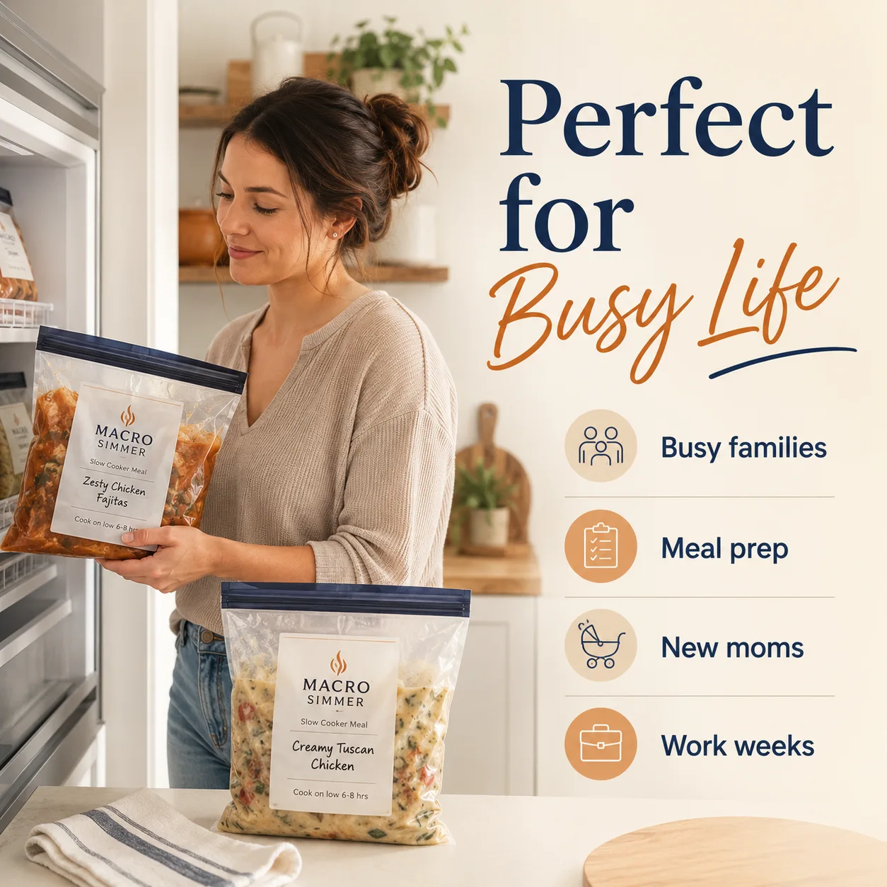 Woman holding a labeled freezer meal bag beside open freezer, with Busy Life meal-prep promotional text.