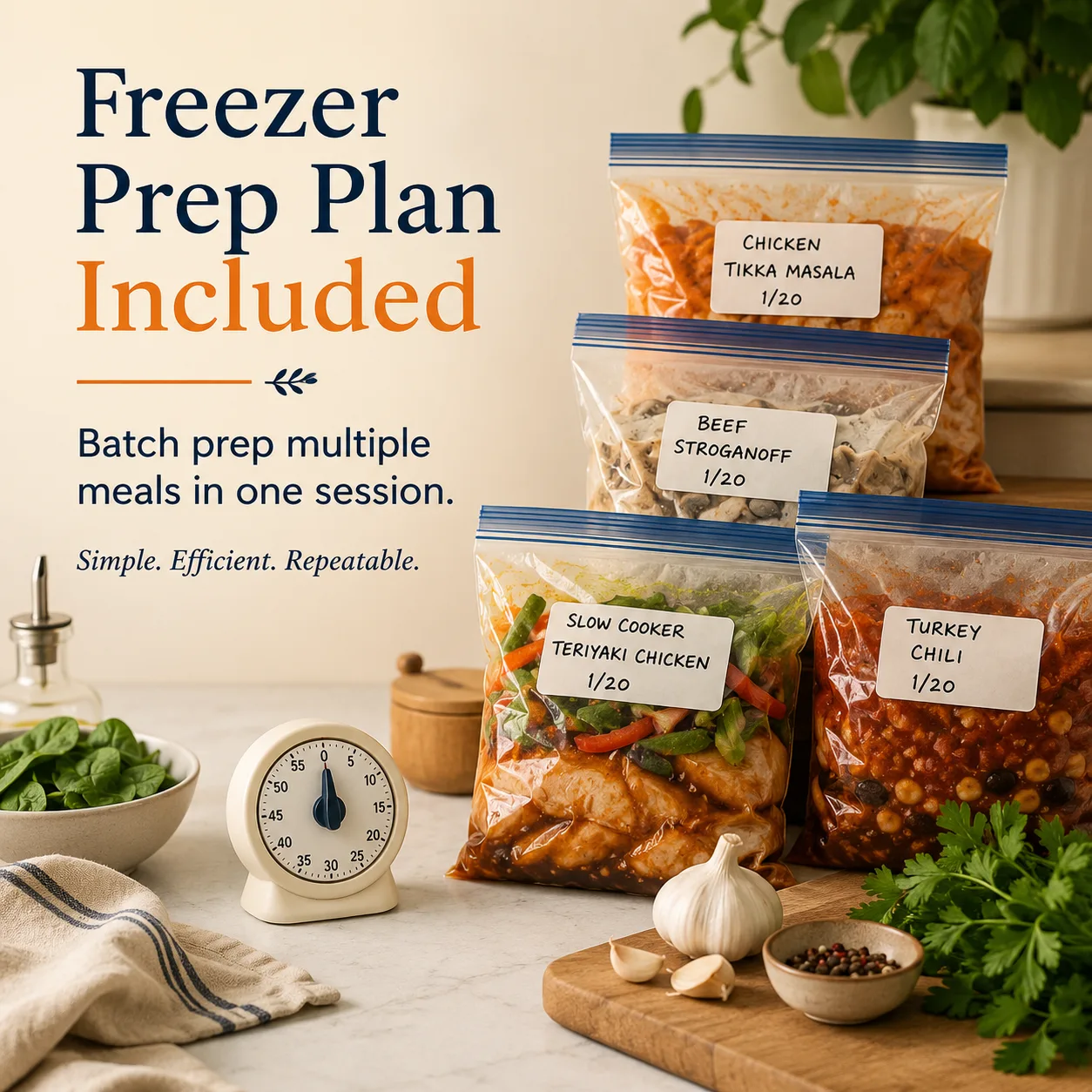 Freezer meal bags labeled chicken tikka masala, beef stroganoff, chicken teriyaki, and turkey chili.