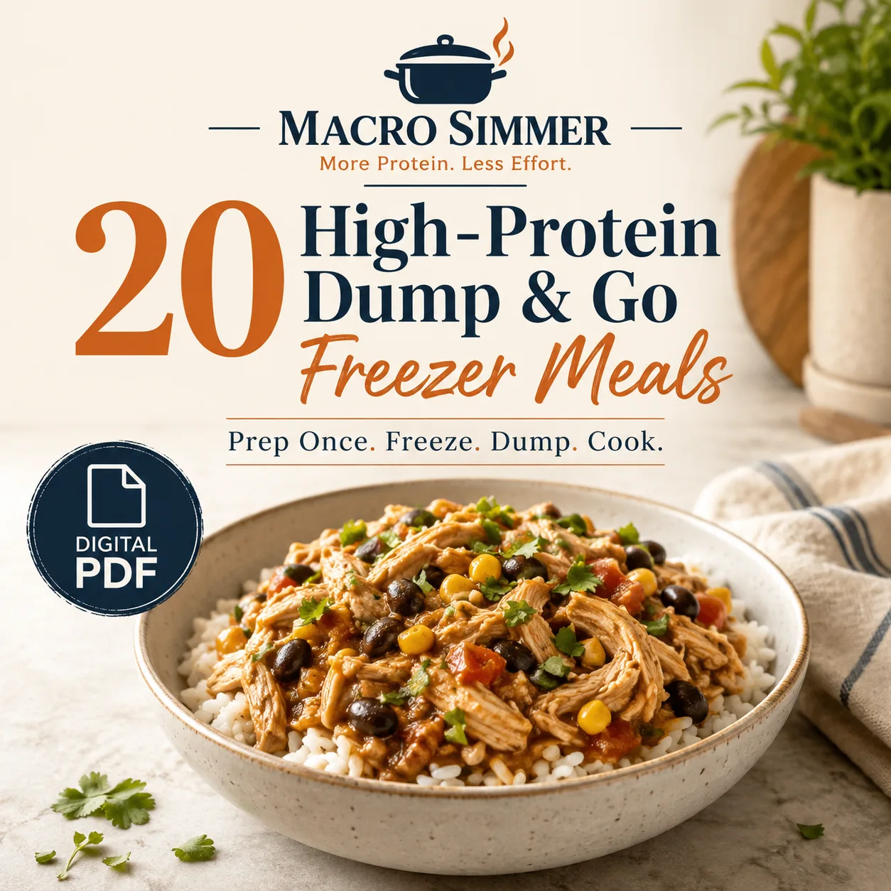 Cover featuring chicken, rice, and corn bowl with 20 High-Protein Dump & Go Freezer Meals text.
