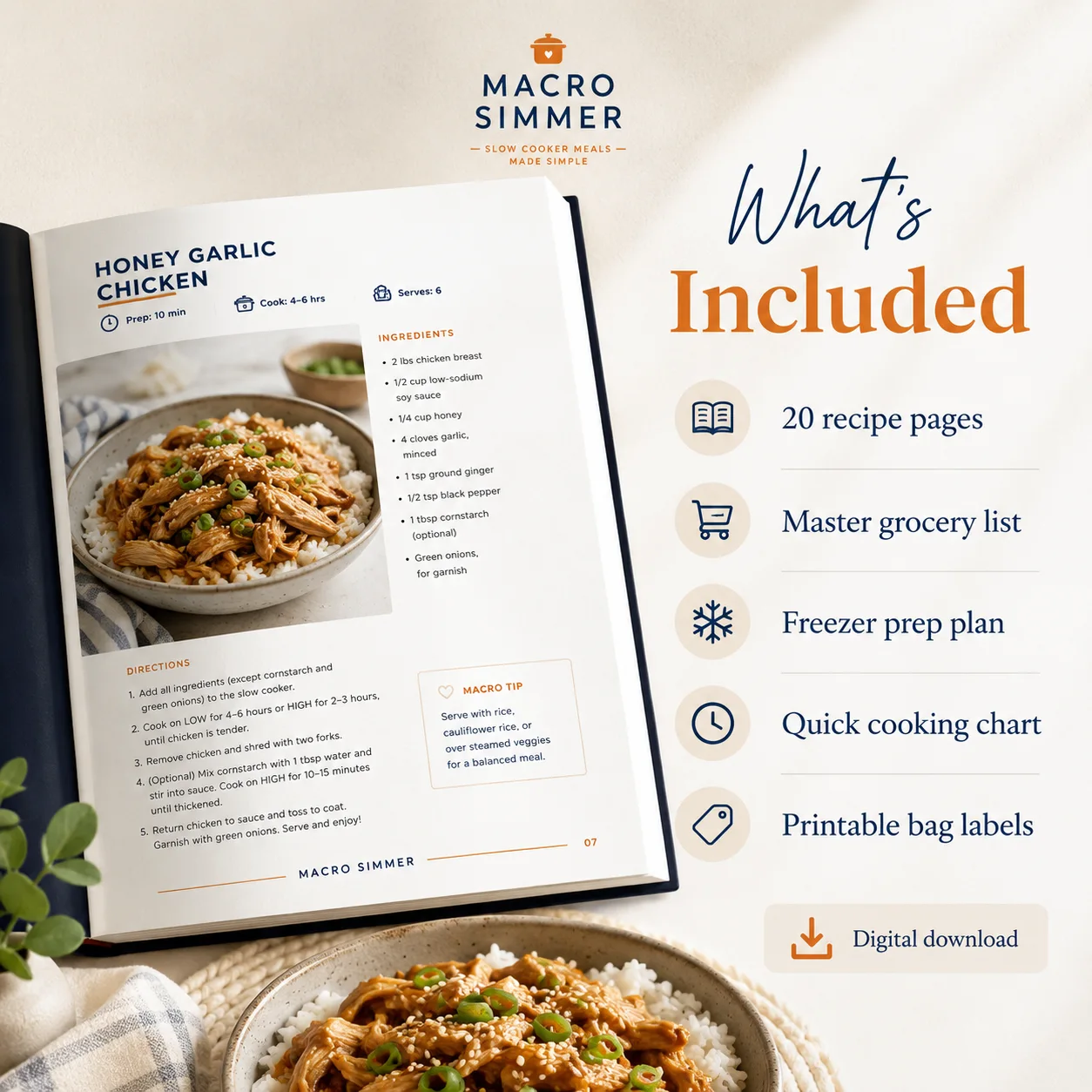Macro Slimmer recipe booklet beside a list of included meal-planning resources