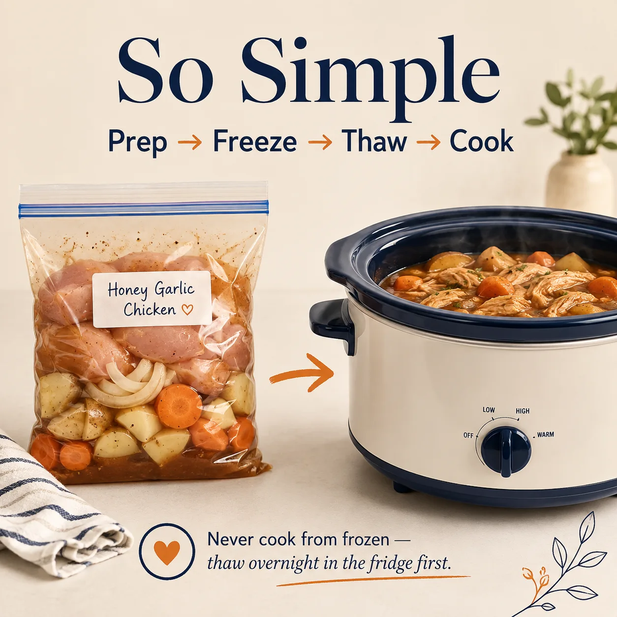 Freezer bag of honey garlic chicken beside slow cooker with prep, freeze, thaw, cook instructions.