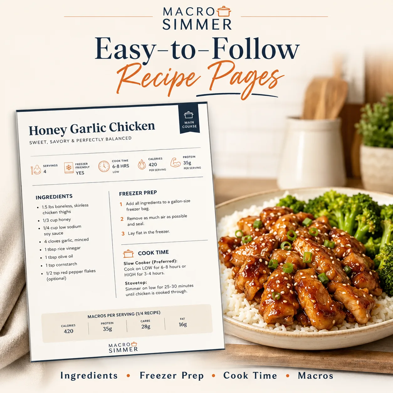 Honey garlic chicken recipe page beside glazed chicken, rice, and broccoli