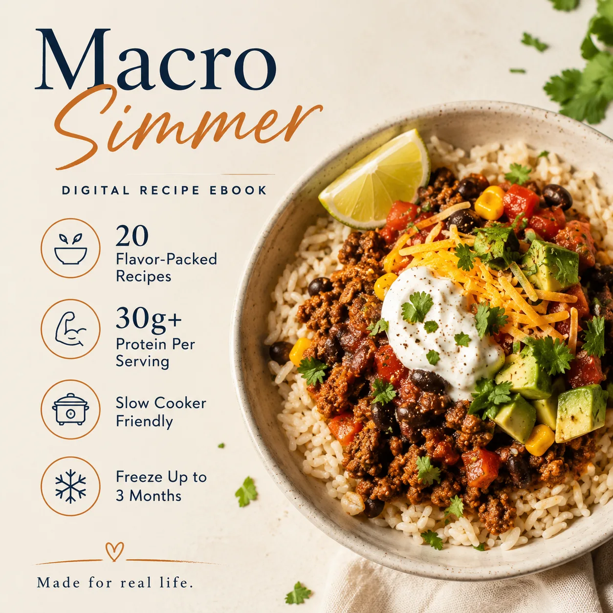 Macro Simmer digital recipe ebook cover with beef rice bowl and high-protein freezer meal details.