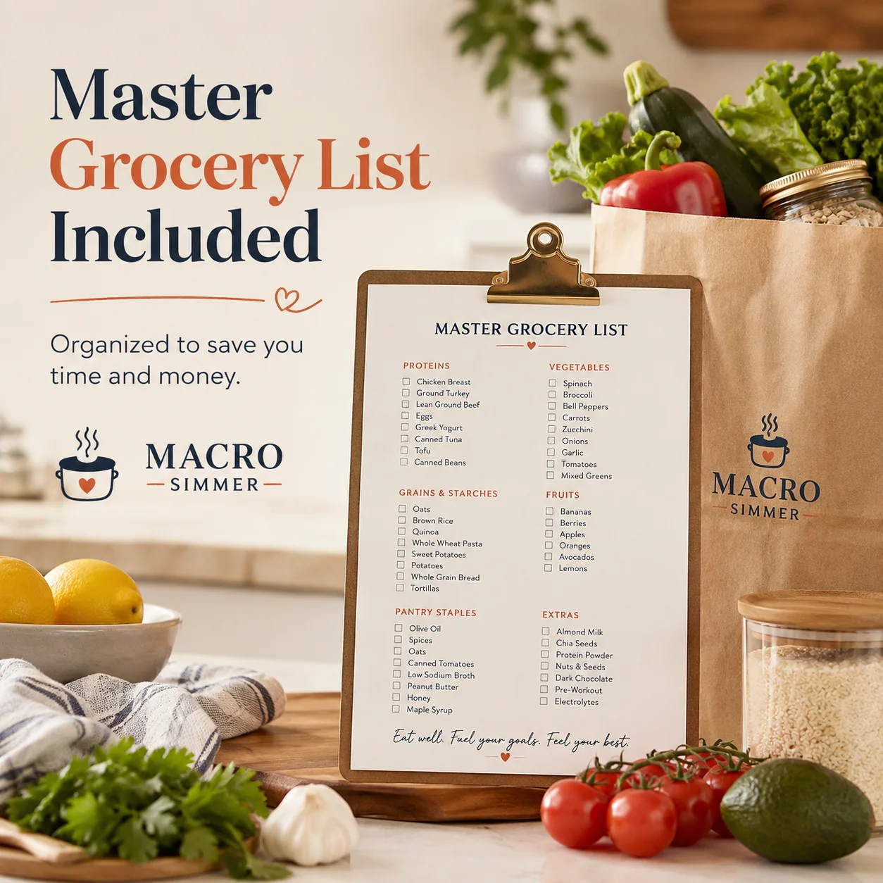 Master grocery list clipboard surrounded by vegetables, fruit, herbs, and a branded grocery bag.