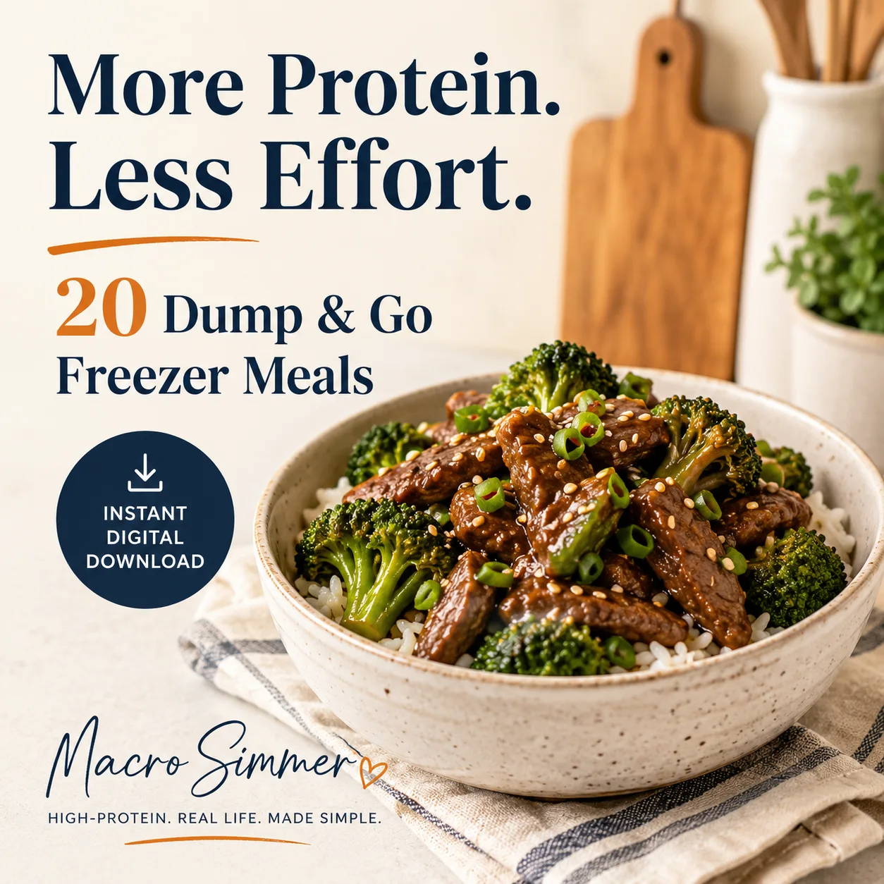 Bowl of beef and broccoli over rice beside 20 dump and go freezer meals text